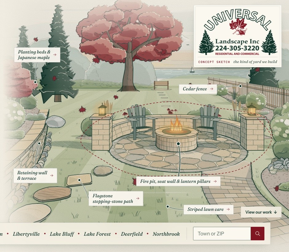 The same sketch in full color with the site's callout labels, and a red dashed circle drawn around the fire pit, seat wall and lantern pillars.