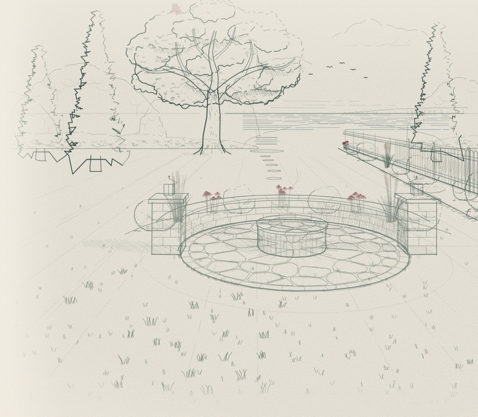Concept sketch of a backyard as pencil lines only: a fire pit inside a circular stone patio, seat walls with lantern pillars, a maple tree behind, stepping stones and a fence.