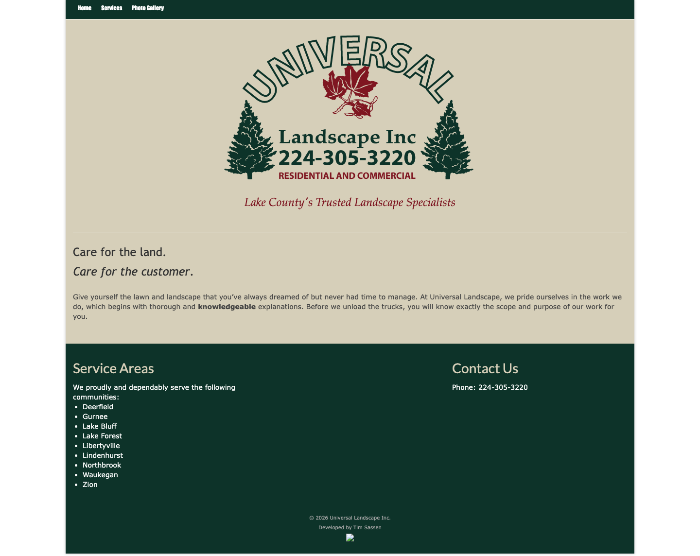 Universal Landscape Inc. home page before the redesign, laptop size: a large logo on a tan panel, a tagline, two short lines, one paragraph, then a dark green footer with service areas and a phone number.